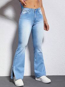 SHEIN EZwear 下擺開叉牛仔喇叭褲 - 淺色水洗藍 - 查看 3