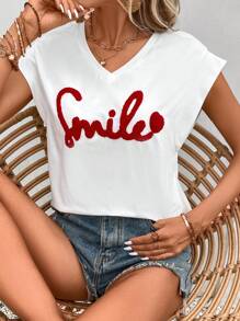 SHEIN Frenchy Letter Embroidery Batwing Sleeve Tee - White - View 1