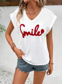 SHEIN Frenchy Letter Embroidery Batwing Sleeve Tee - White - View 3