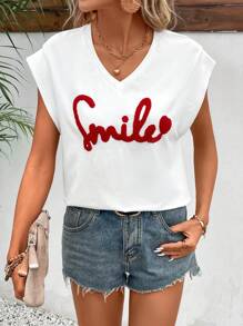 SHEIN Frenchy Letter Embroidery Batwing Sleeve Tee - White - View 5