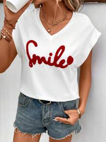 SHEIN Frenchy Letter Embroidery Batwing Sleeve Tee - White - View 6