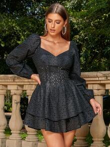 D&M Off Shoulder Lantern Sleeve Two Layer Hem Schiffy Dress - Black - View 8