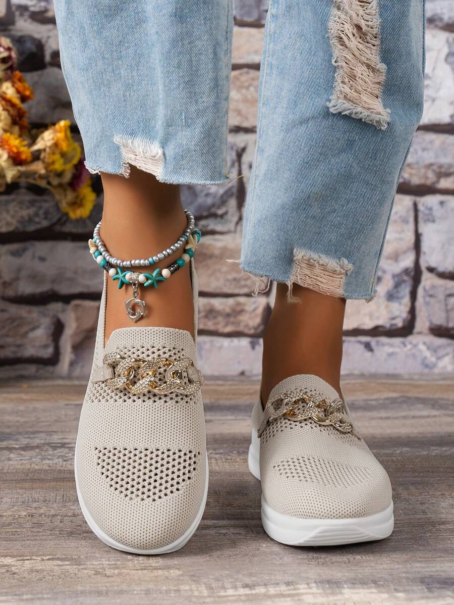 Women Rhinestone & Chain Decor Slip On Shoes, Fabric Sporty Sneakers - Beige - View 1