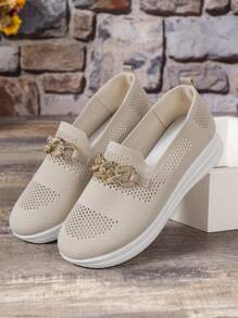 Women Rhinestone & Chain Decor Slip On Shoes, Fabric Sporty Sneakers - Beige - View 3