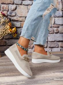 Women Rhinestone & Chain Decor Slip On Shoes, Fabric Sporty Sneakers - Beige - View 4