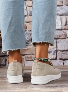 Women Rhinestone & Chain Decor Slip On Shoes, Fabric Sporty Sneakers - Beige - View 6