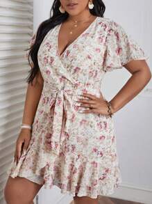 SHEIN VCAY 大碼印花蝴蝶袖荷葉邊繫腰帶連衣裙 - 彩色 - 查看 4