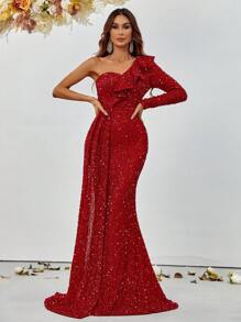 Elegant Asymmetrical Shoulder Evening Gown With Long Sleeves & Ruffle-Adorned Neckline | Flowing Side-Sweep Tulle Drapery & Floor-Length Mermaid Silhouette | Formal Dresses For Gala Dinners, Red Carpet Events, Black-Tie Weddings, Award Ceremonies, Charity Galas - Red - View 1