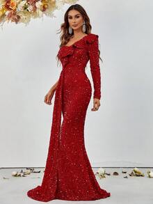 Elegant Asymmetrical Shoulder Evening Gown With Long Sleeves & Ruffle-Adorned Neckline | Flowing Side-Sweep Tulle Drapery & Floor-Length Mermaid Silhouette | Formal Dresses For Gala Dinners, Red Carpet Events, Black-Tie Weddings, Award Ceremonies, Charity Galas - Red - View 5