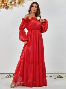 Vestido de hombros descubiertos ribete con fruncido - Rojo - Ver 3