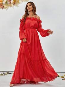 Vestido de hombros descubiertos ribete con fruncido - Rojo - Ver 5
