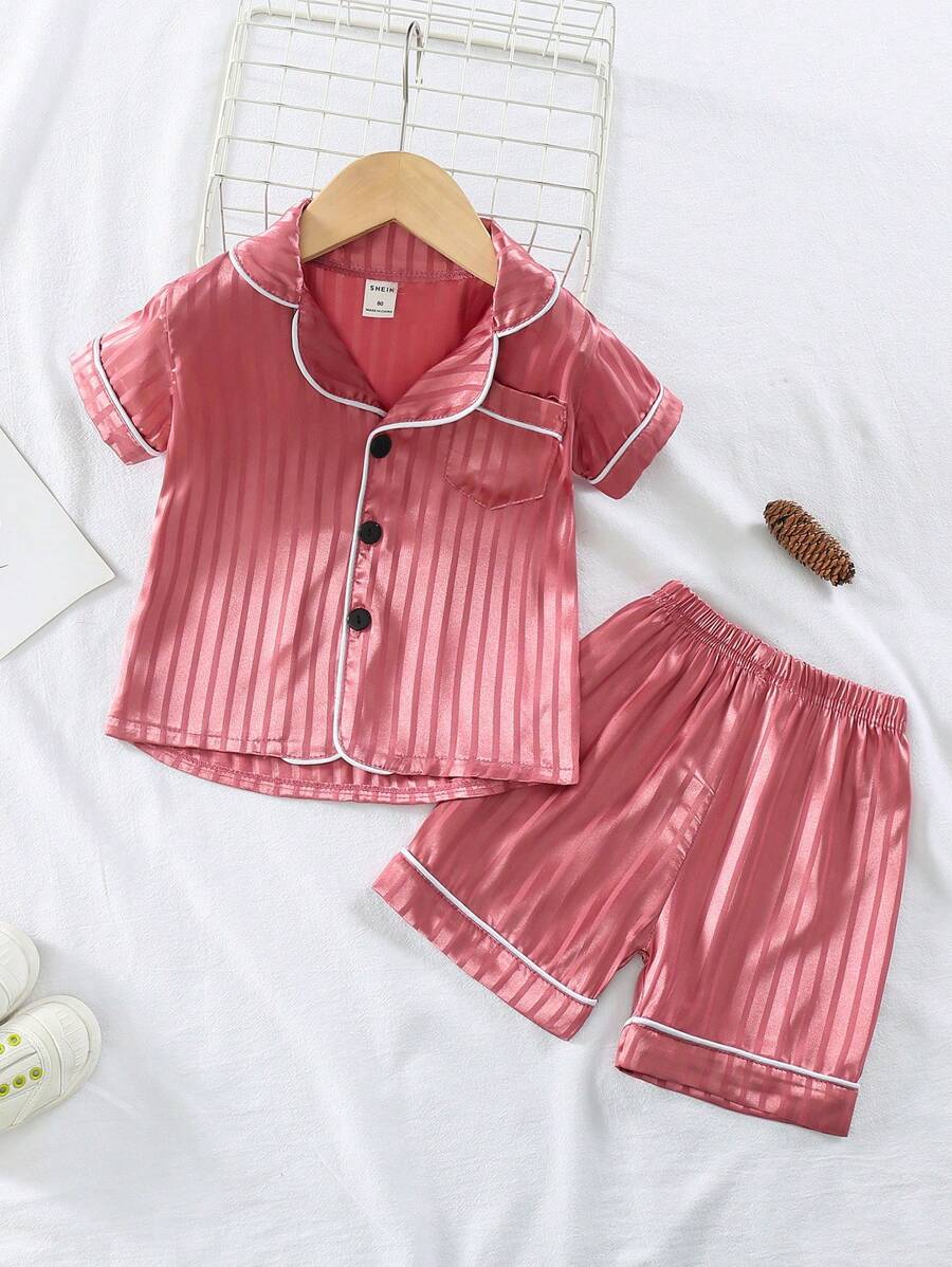 Toddler Girls Contrast Piping Satin PJ Set - Dusty Pink - View 1