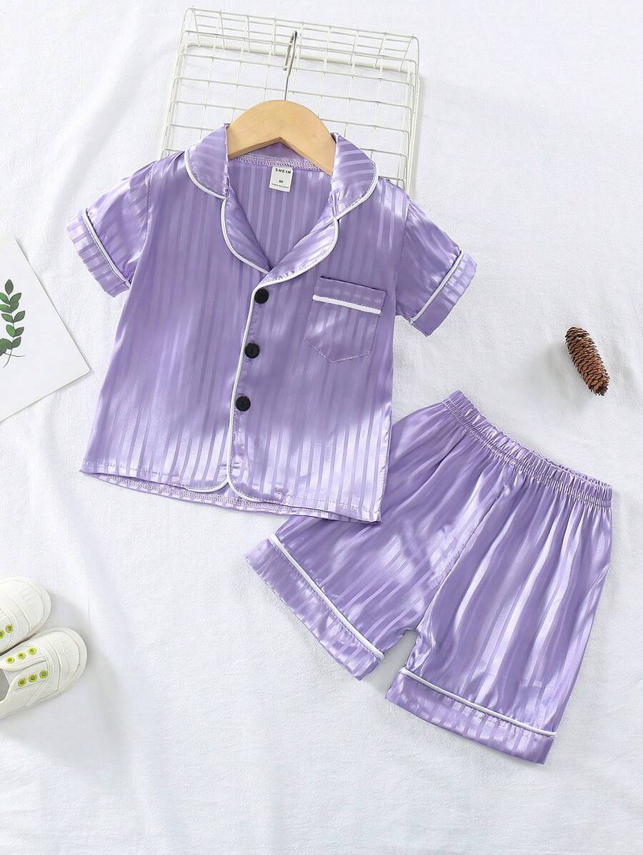 Toddler Girls Contrast Piping Satin PJ Set - Purple - View 1