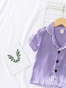 Toddler Girls Contrast Piping Satin PJ Set - Purple - View 3