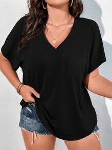 Vionelle Plus Solid Pocket Patched Batwing Sleeve Tee - Black - View 1