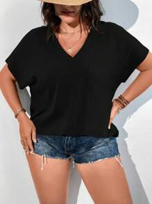 Vionelle Plus Solid Pocket Patched Batwing Sleeve Tee - Black - View 6