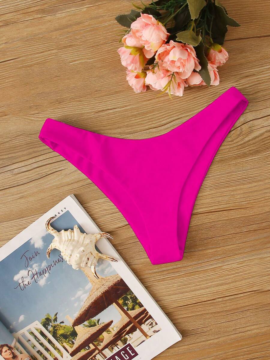 SHEIN Swim 素色高衩泳褲 - 玫紅色 - 查看 1