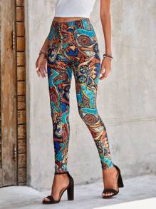 SHEIN Clasi 滿版印花高腰緊身打底褲 - 彩色 - 查看 1