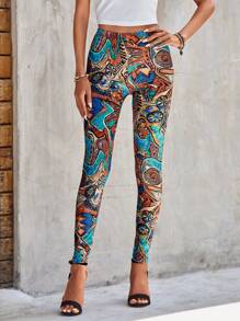 SHEIN Clasi 滿版印花高腰緊身打底褲 - 彩色 - 查看 4