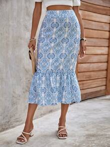 SHEIN Clasi Allover Print Ruffle Hem Skirt - Blue and White - View 2