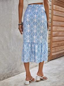 SHEIN Clasi Allover Print Ruffle Hem Skirt - Blue and White - View 3