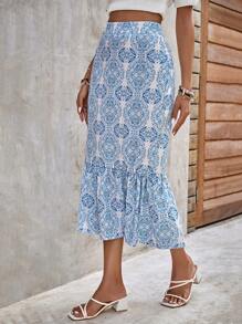 SHEIN Clasi Allover Print Ruffle Hem Skirt - Blue and White - View 1