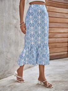 SHEIN Clasi Allover Print Ruffle Hem Skirt - Blue and White - View 4