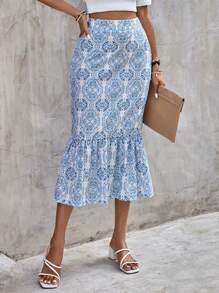 SHEIN Clasi Allover Print Ruffle Hem Skirt - Blue and White - View 6