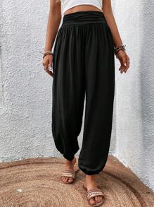 SHEIN LUNE Solid Elastic Waist Trousers - Black - View 1