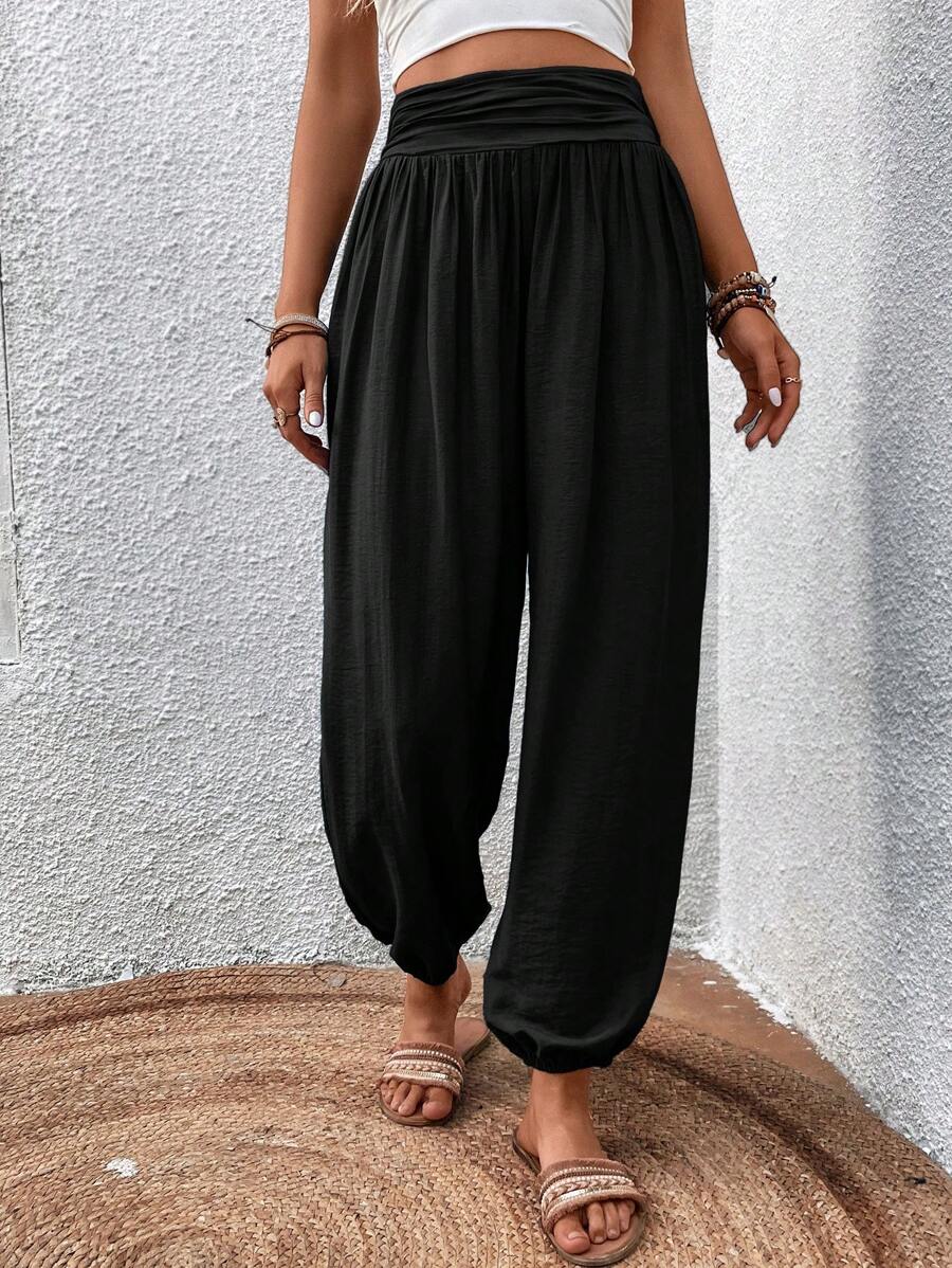 SHEIN LUNE Solid Elastic Waist Trousers - Black - View 1