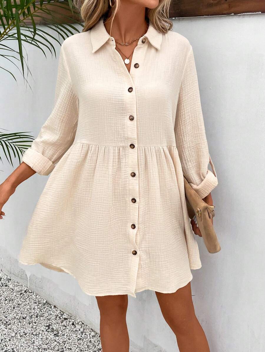 SHEIN Frenchy Solid Button Front Smock Dress Winter - Apricot - View 1