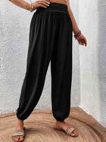 SHEIN LUNE Solid Elastic Waist Trousers - Black - View 5