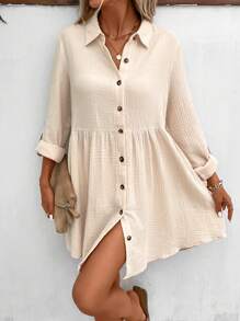 SHEIN Frenchy Solid Button Front Smock Dress Winter - Apricot - View 3