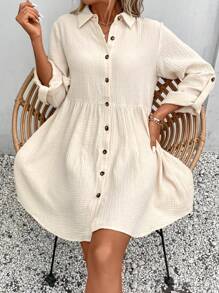 SHEIN Frenchy Solid Button Front Smock Dress Winter - Apricot - View 5