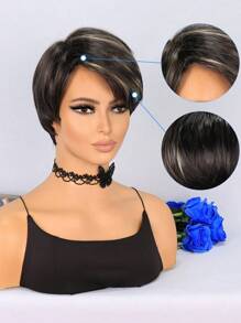 Tóc Giả Ngắn Thẳng Tổng Hợp Có Mái - Màu dương cầm - Xem 3