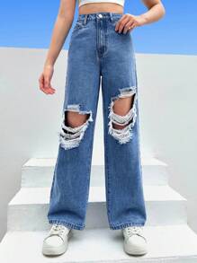 SHEIN Teen Girls Ripped Cut Out Wide Leg Jeans - Medium Wash - View 1