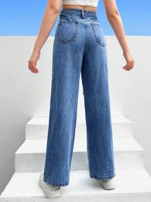SHEIN Teen Girls Ripped Cut Out Wide Leg Jeans - Medium Wash - View 2