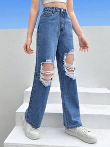 SHEIN Teen Girls Ripped Cut Out Wide Leg Jeans - Medium Wash - View 3