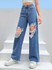 SHEIN Teen Girls Ripped Cut Out Wide Leg Jeans - Medium Wash - View 4