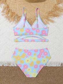 少女花卉印花裹身比基尼套装 夏日海滩 - 彩色 - 查看 2