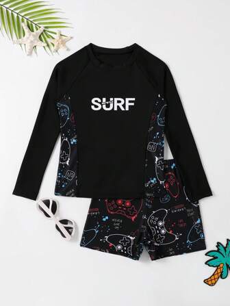 Tween Boy Gamepad & Letter Graphic Beach Swimsuit Kids Swimming ,Kids Beachwear