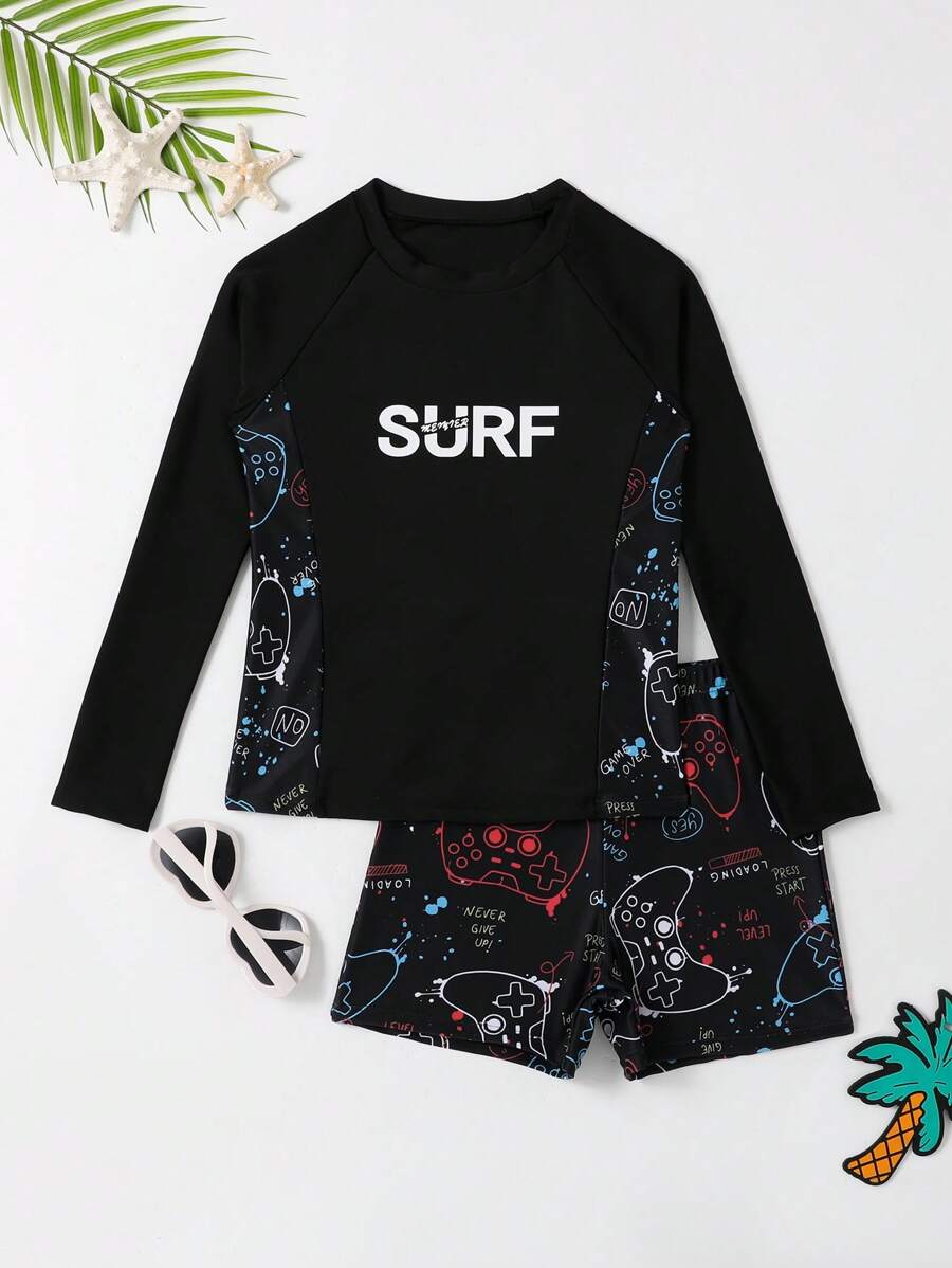 Tween Boy Gamepad & Letter Graphic Beach Swimsuit Kids Swimming ,Kids Beachwear