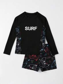 Tween Boy Gamepad & Letter Graphic Beach Swimsuit Kids Swimming ,Kids Beachwear