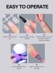 240入組超短方形全覆式假指甲，15個尺寸霧面亞克力指甲貼，適用於美甲沙龍壓克力指甲凝膠指甲套裝美甲用品 - 無色 - 查看 3