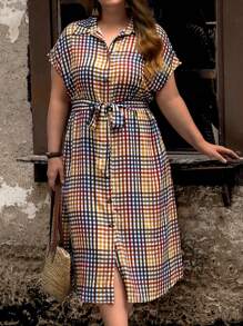 EMERY ROSE 大碼格紋印花蝙蝠袖腰帶襯衫洋裝 - 彩色 - 查看 1