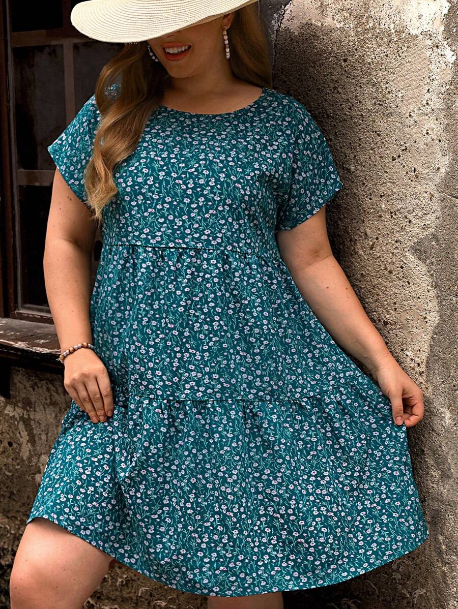 EMERY ROSE Plus Ditsy Floral Print Ruffle Hem Smock Dress, Summer,Beach Dress Sundress,Holiday Outfits Boho - Teal Blue - View 1