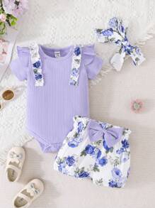 Baby Floral Print Ruffle Trim Bodysuit & Bow Front Shorts & Headband - Lilac Purple - View 1