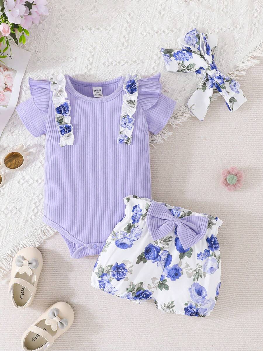 Baby Floral Print Ruffle Trim Bodysuit & Bow Front Shorts & Headband - Lilac Purple - View 1