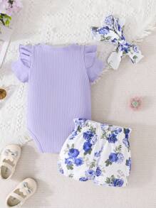 Baby Floral Print Ruffle Trim Bodysuit & Bow Front Shorts & Headband - Lilac Purple - View 2