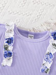 Baby Floral Print Ruffle Trim Bodysuit & Bow Front Shorts & Headband - Lilac Purple - View 3